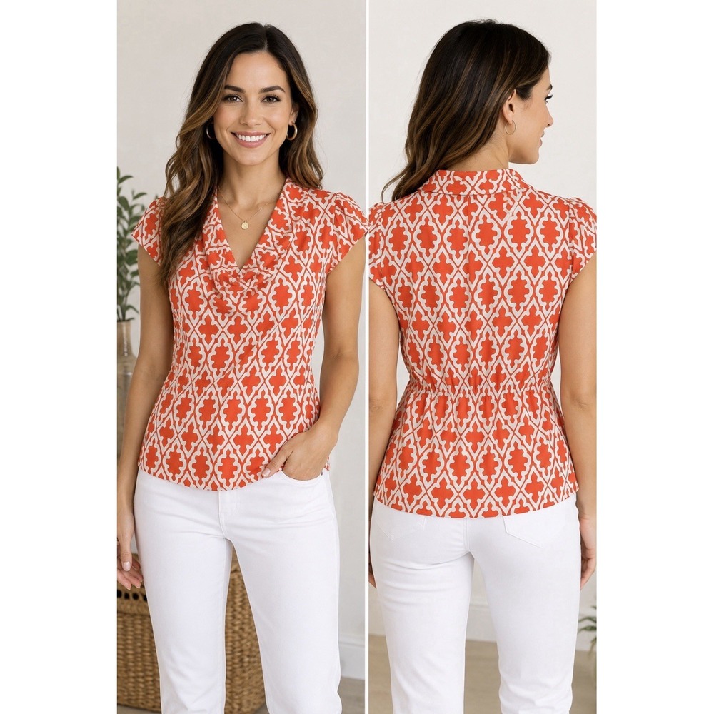 Banana Republic Women Small Orange Tan Geometric Cowl Neck Cap Sleeve Blouse Top